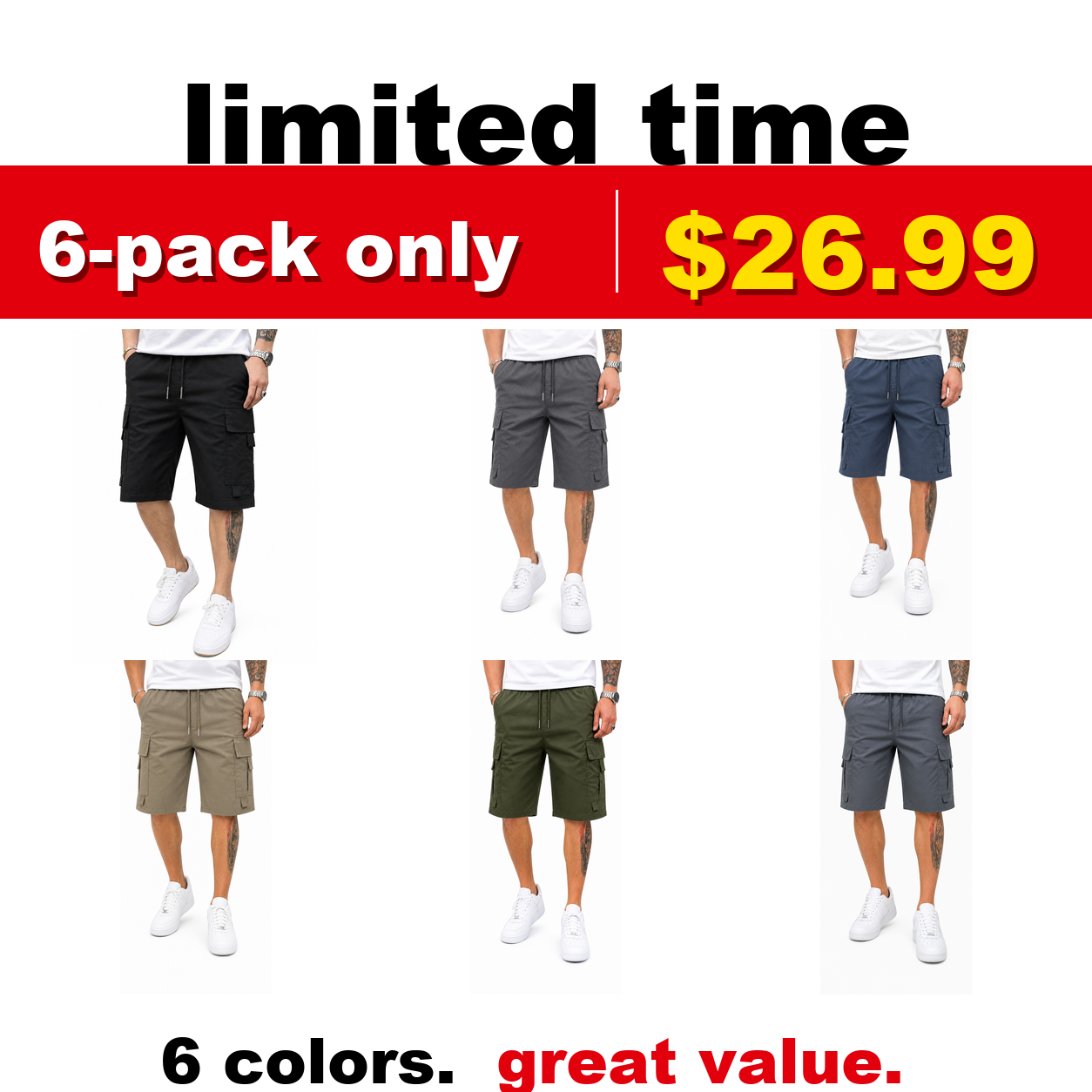 Pack & Save Men's Drawstring Cargo Shorts, Lightweight Multi-Pocket Utility Shorts with Elastic Waist - Mixed 6-Pack