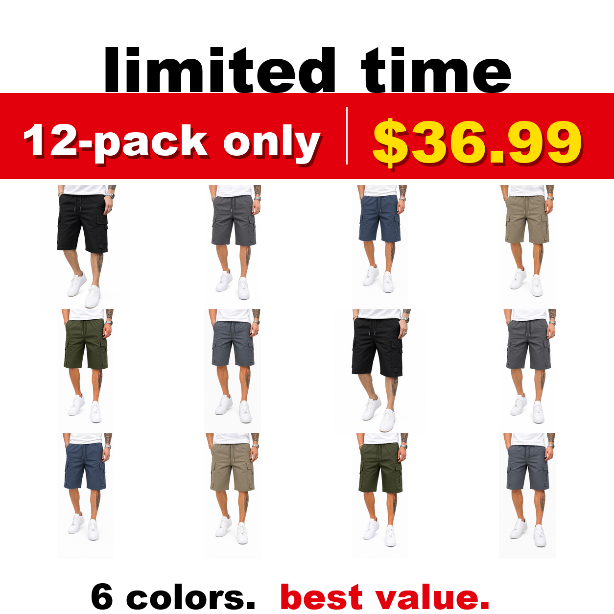 Pack & Save Men's Drawstring Cargo Shorts, Lightweight Multi-Pocket Utility Shorts with Elastic Waist