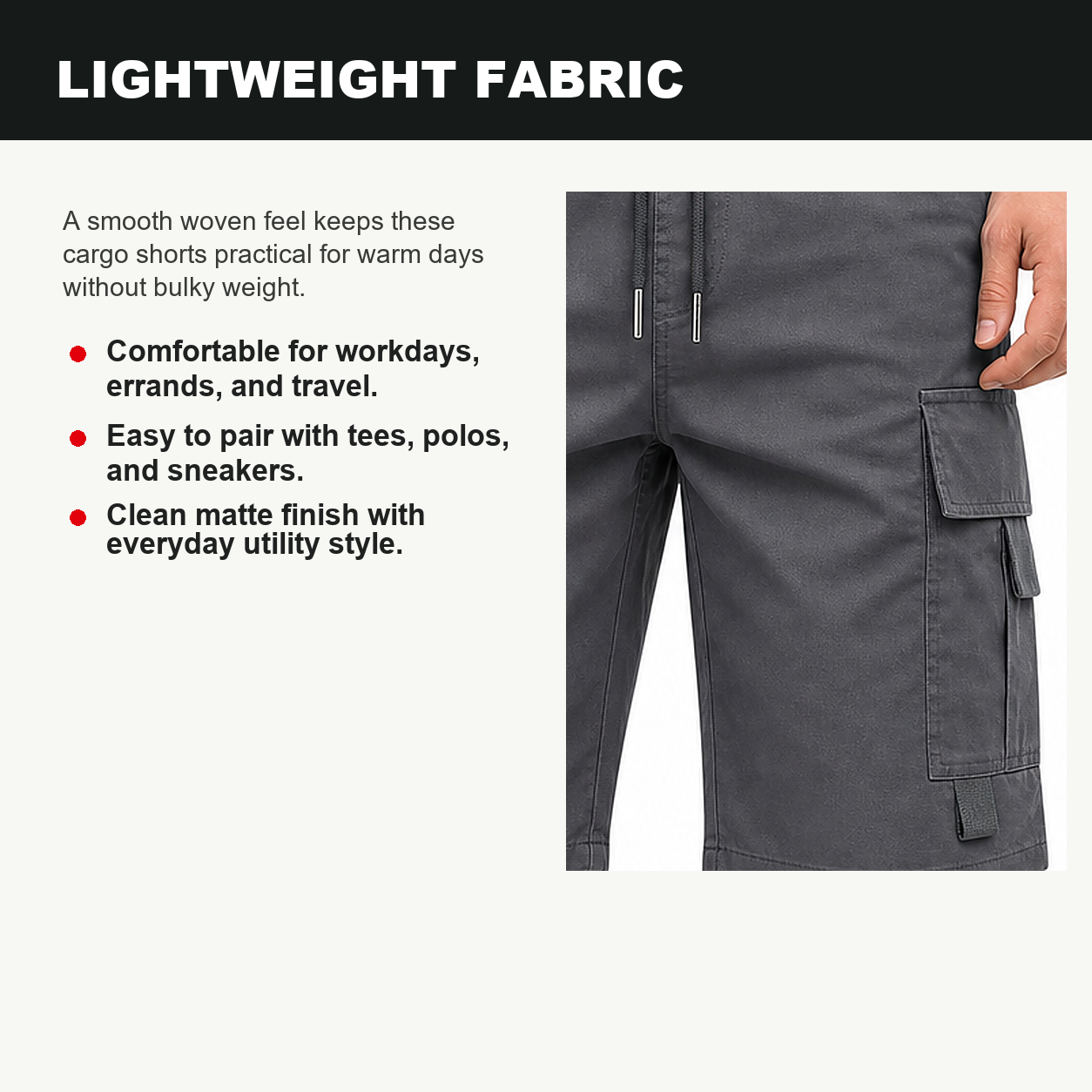 Pack & Save Men's Drawstring Cargo Shorts, Lightweight Multi-Pocket Utility Shorts with Elastic Waist