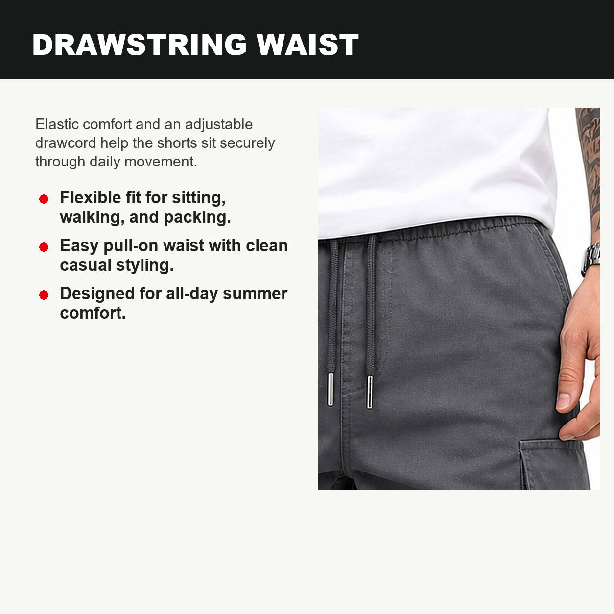 Pack & Save Men's Drawstring Cargo Shorts, Lightweight Multi-Pocket Utility Shorts with Elastic Waist