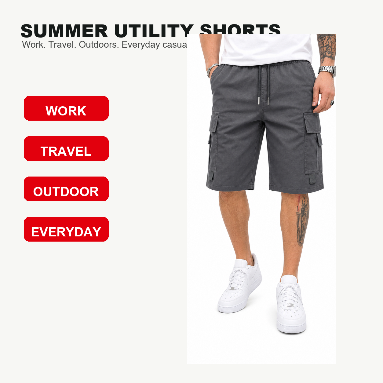 Pack & Save Men's Drawstring Cargo Shorts, Lightweight Multi-Pocket Utility Shorts with Elastic Waist