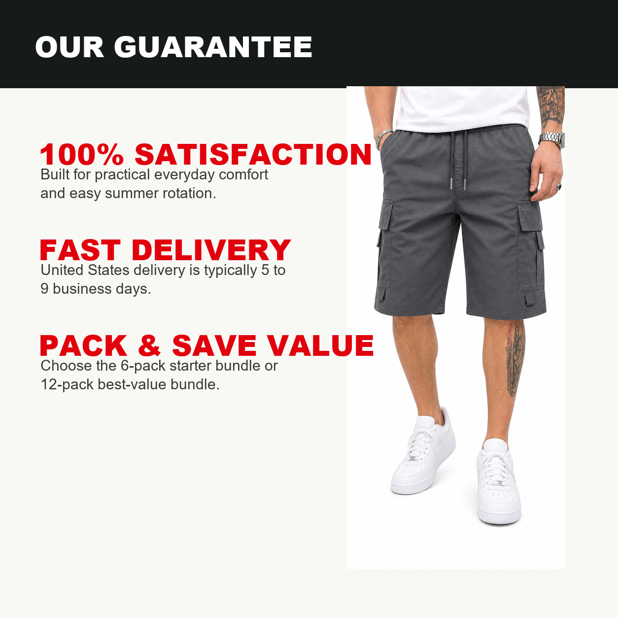 Pack & Save Men's Drawstring Cargo Shorts, Lightweight Multi-Pocket Utility Shorts with Elastic Waist