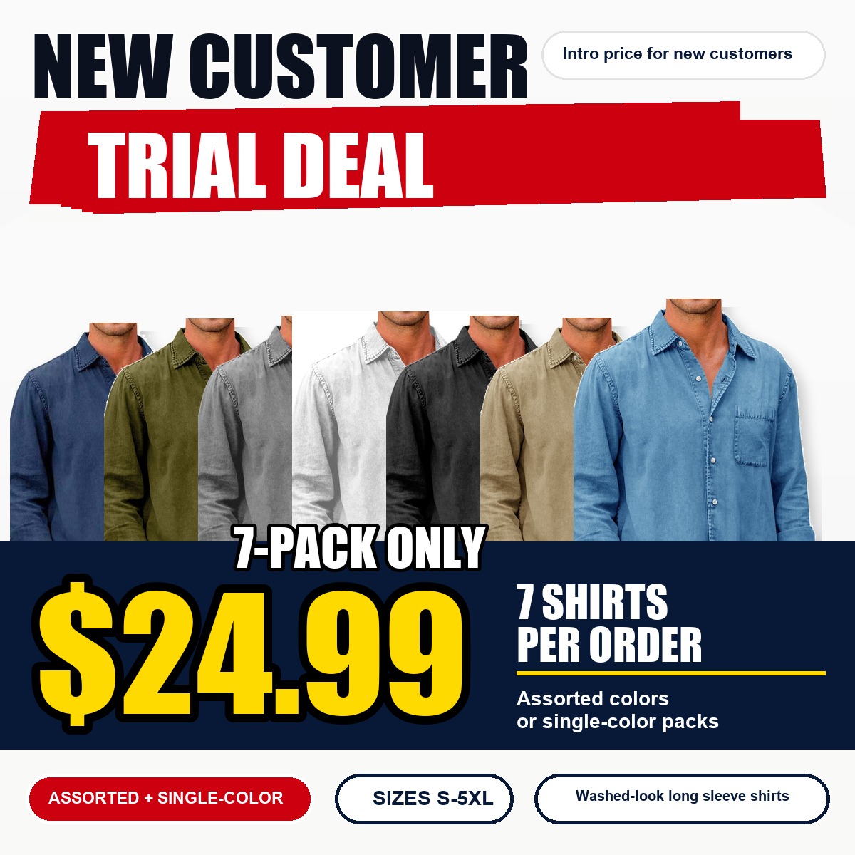 New Customer Trial Deal 7-pack washed long sleeve shirts main image