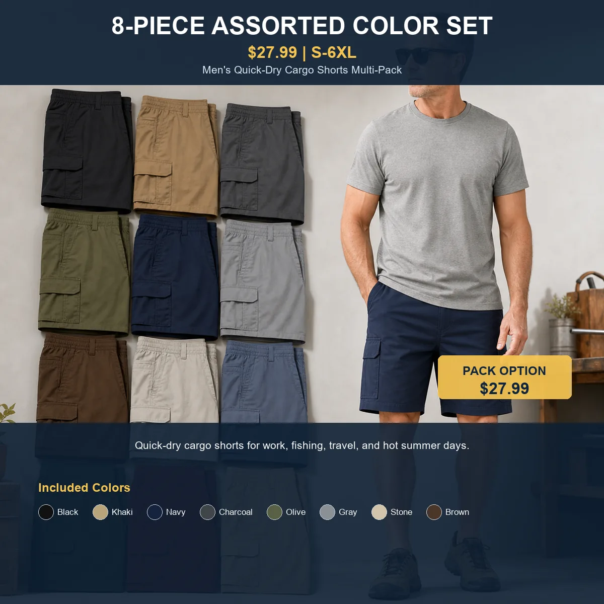 Men's Quick-Dry Cargo Shorts Multi-Pack 8-Piece Assorted Color Set - $27.99