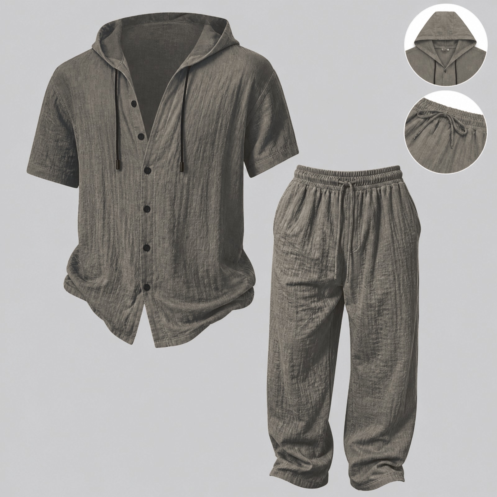 Mens Summer Hooded Sweatshirt Wide Leg Pants Set Mens Simple Casual Hooded Short Sleeve Shirt Button Loose Wide Leg Pants Holiday Relaxed Short Sleeve Two-piece Set Charcoal 1 Set