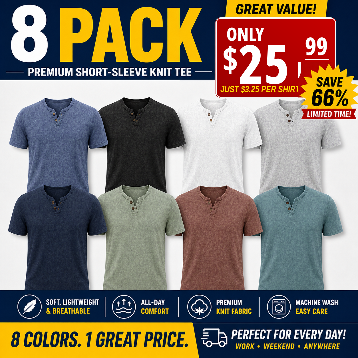 Limited Deal 8-Pack Men's Heathered Raw-Edge Double-Button V-Neck T-Shirts
