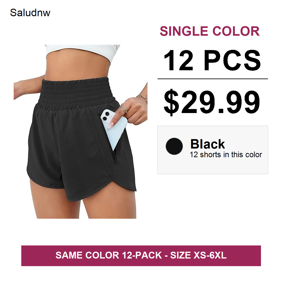 Single-color 12 pcs $29.99 women's athletic shorts - Black