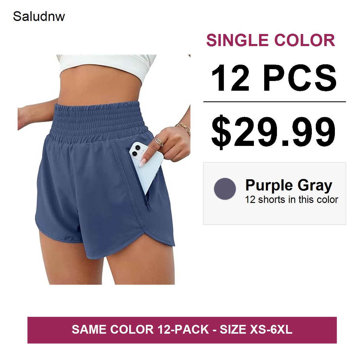 Single-color 12 pcs $29.99 women's athletic shorts - Purple Gray