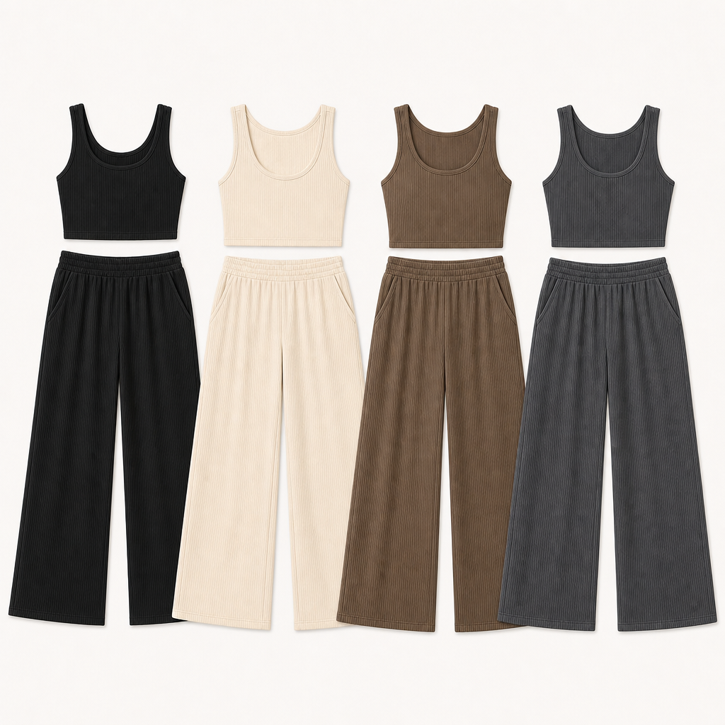 4-Pack Neutral Set women ribbed tank and wide leg lounge pants set SKU image