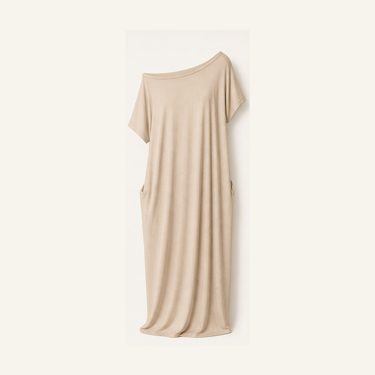 Beige women off-shoulder pocket maxi T-shirt dress size S