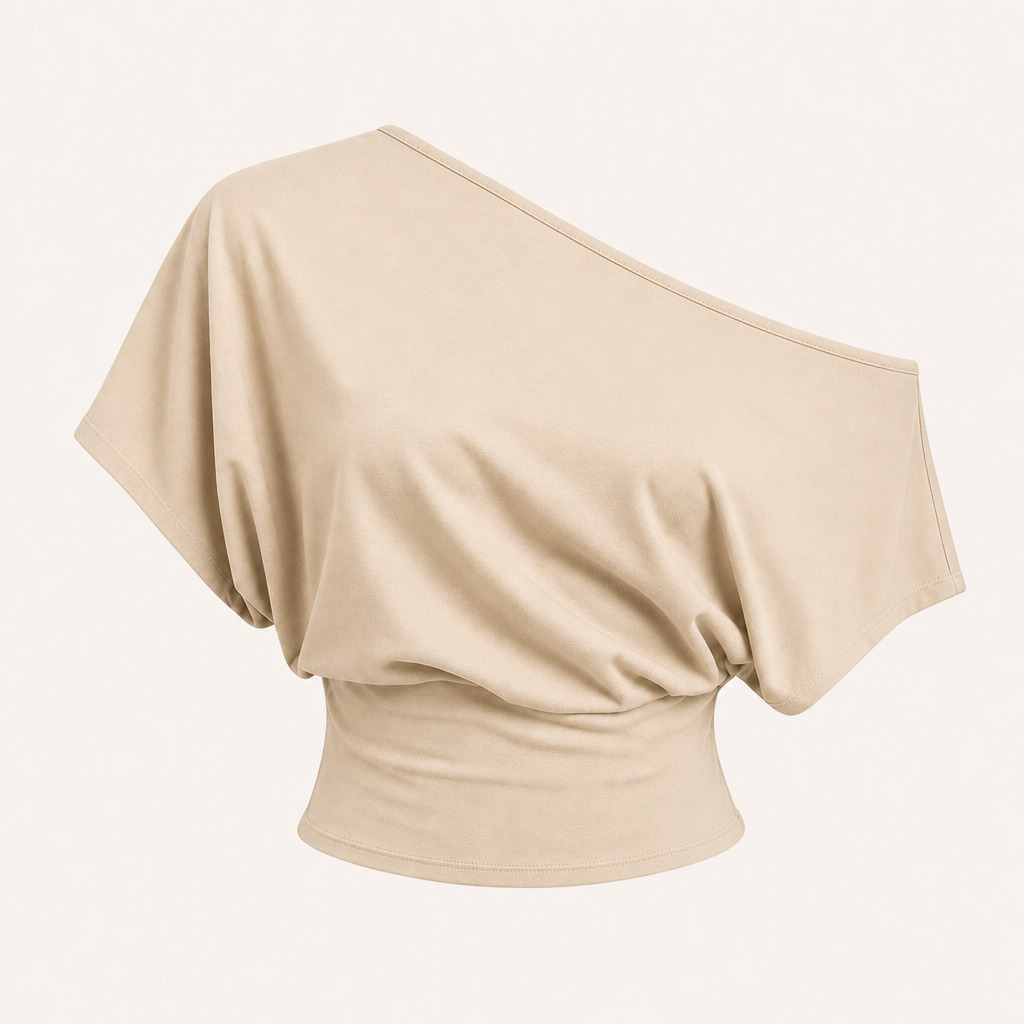 Beige women asymmetric off-shoulder cropped tee SKU image