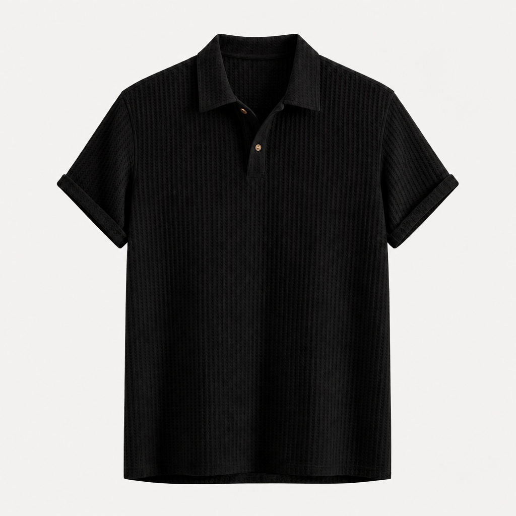 Black men waffle textured short sleeve polo SKU image