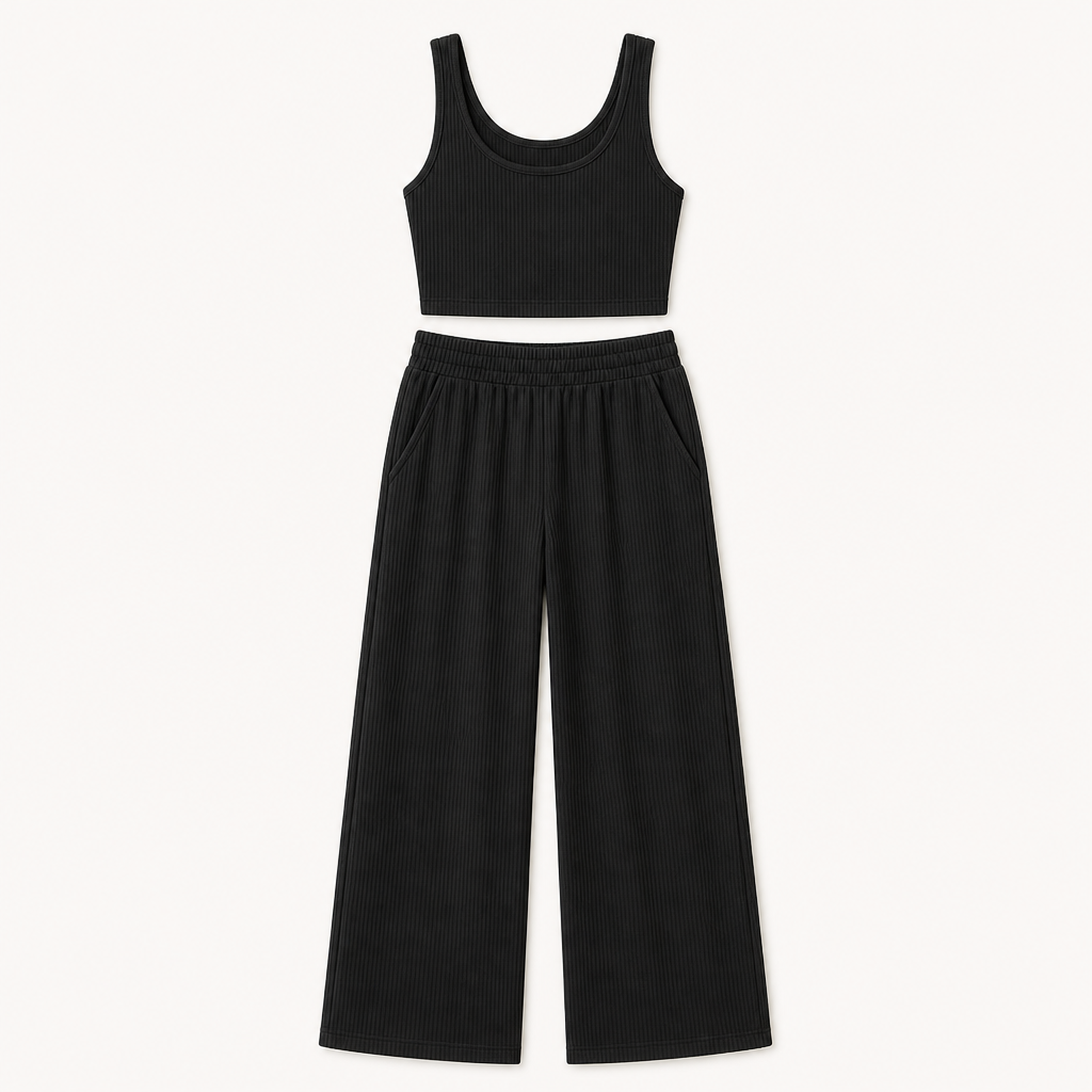 Black women ribbed tank and wide leg lounge pants set SKU image