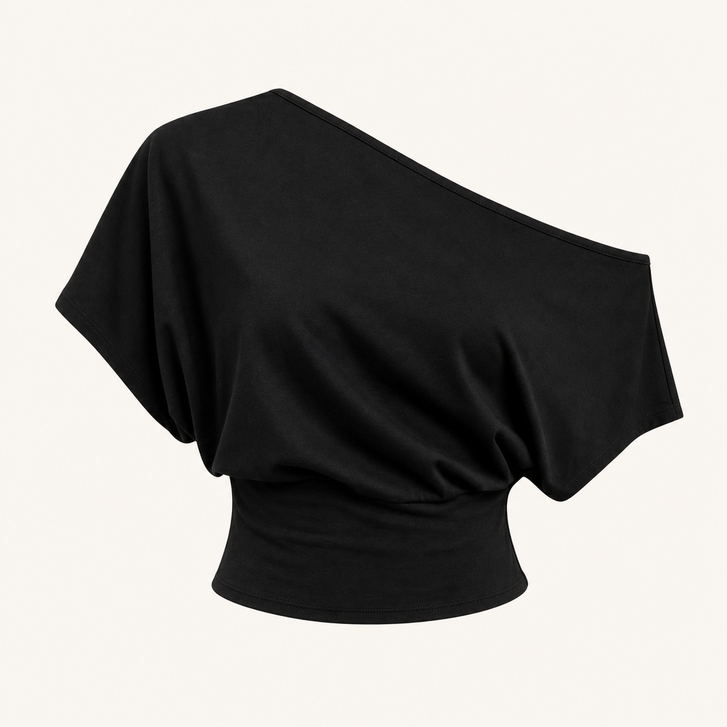 Black women asymmetric off-shoulder cropped tee SKU image