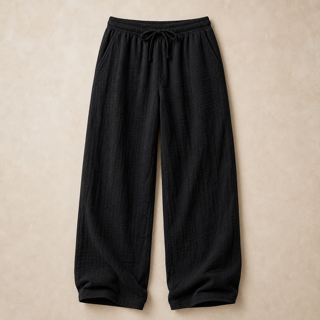 Black men linen-blend drawstring wide leg pants SKU image