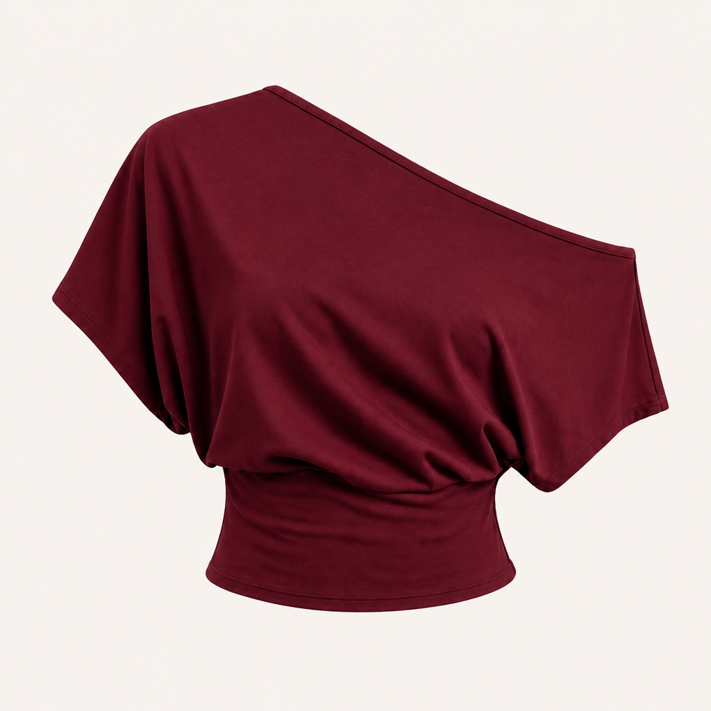Burgundy women asymmetric off-shoulder cropped tee SKU image