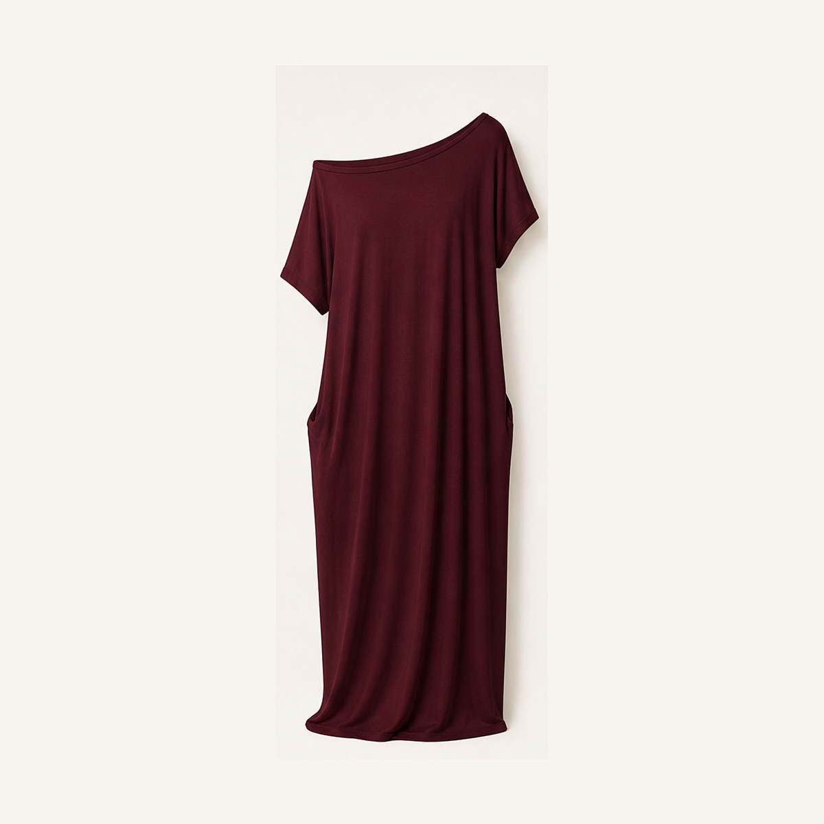 Burgundy women off-shoulder pocket maxi T-shirt dress size L