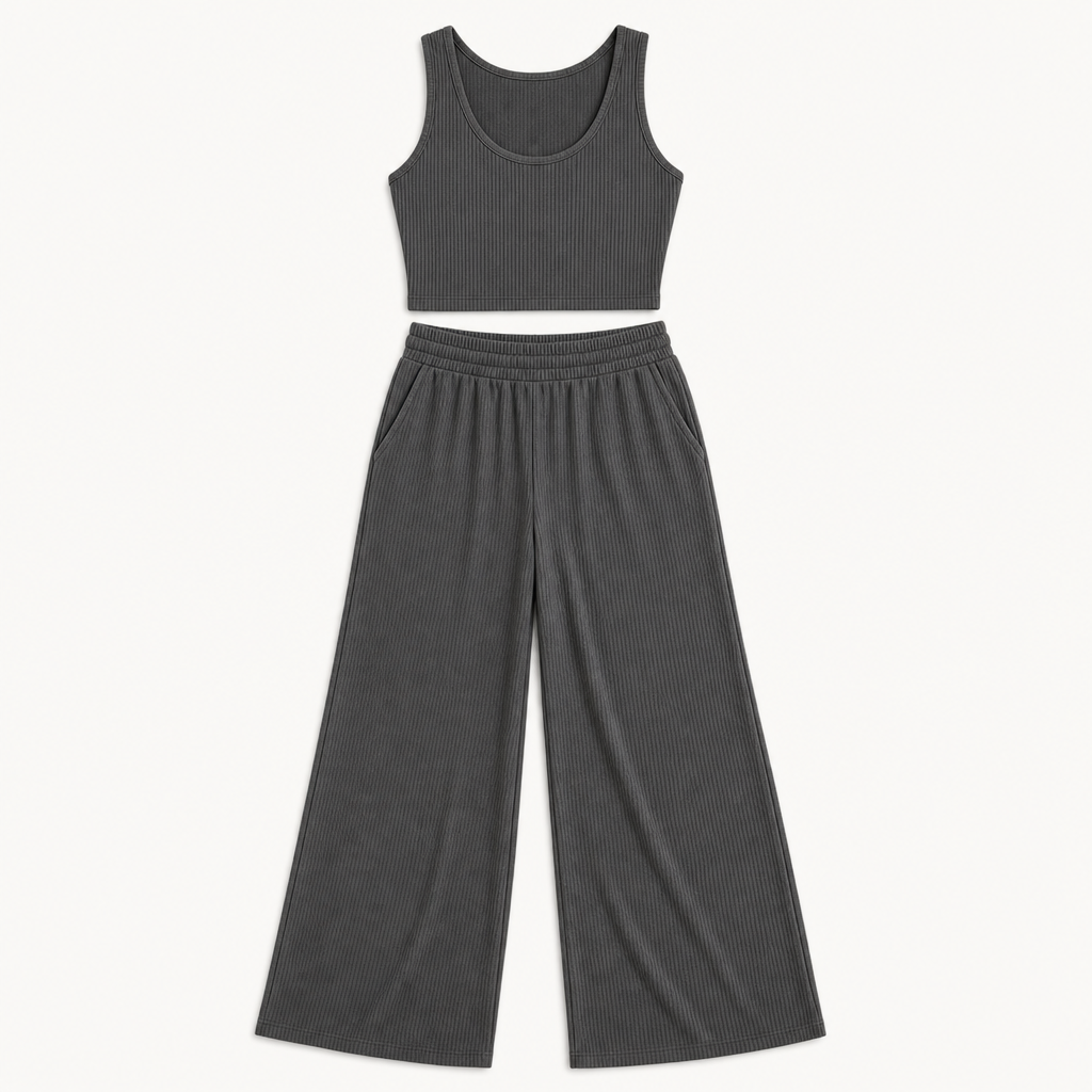 Charcoal Gray women ribbed tank and wide leg lounge pants set SKU image