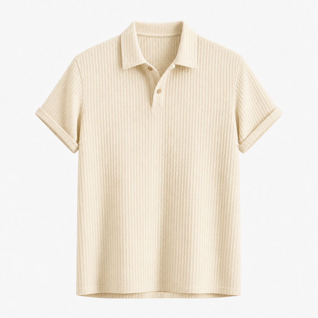 Cream Beige men waffle textured short sleeve polo SKU image
