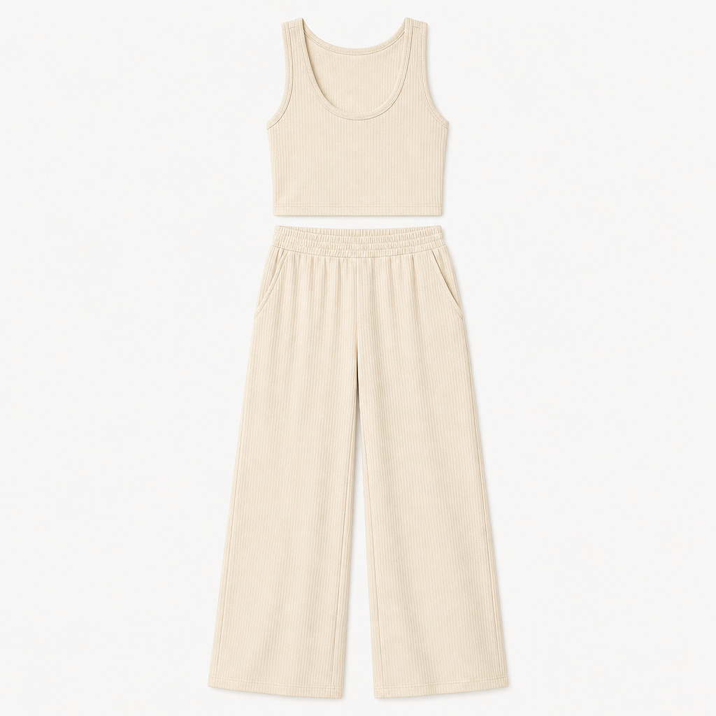 Ivory women ribbed tank and wide leg lounge pants set SKU image