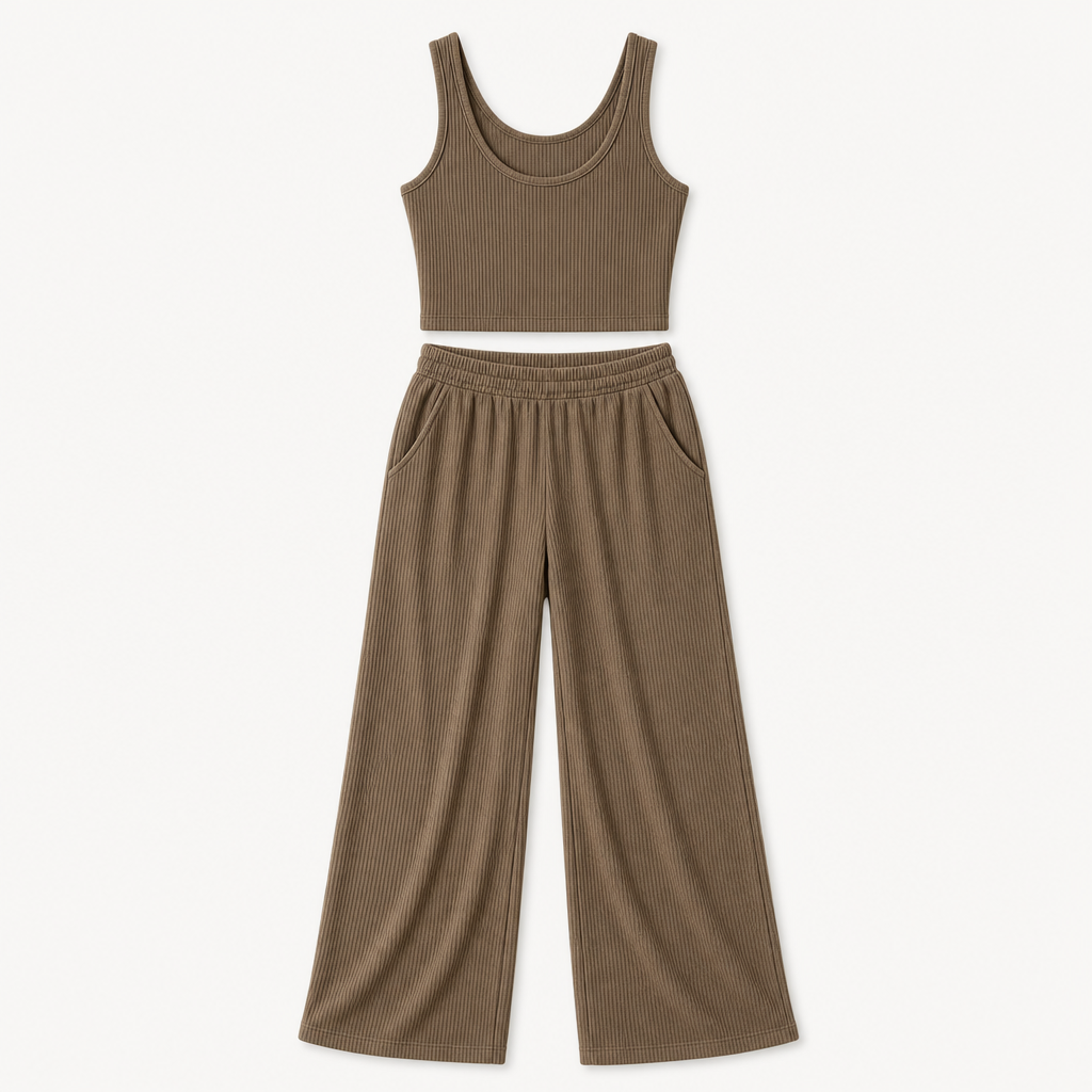Mocha women ribbed tank and wide leg lounge pants set SKU image