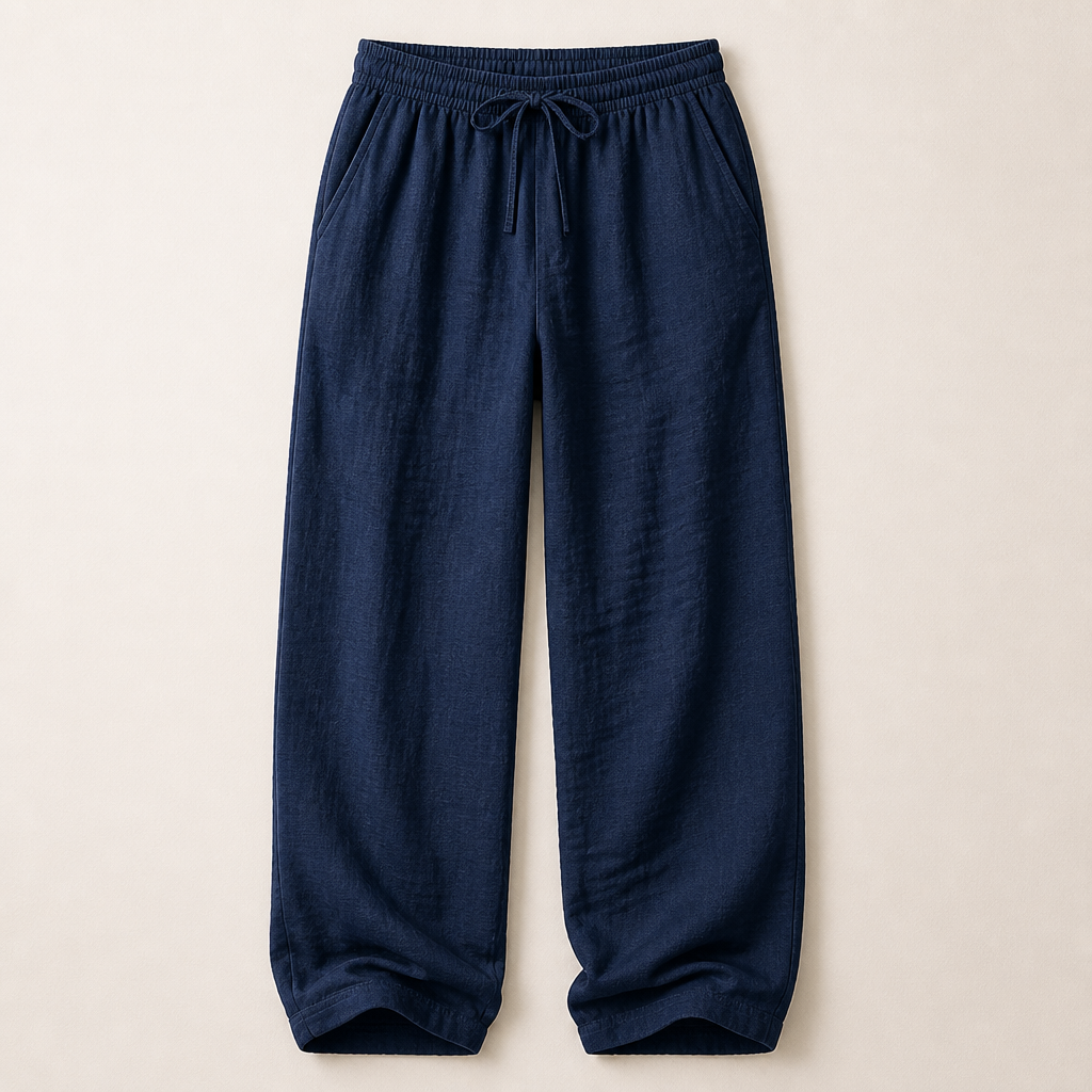 Navy men linen-blend drawstring wide leg pants SKU image