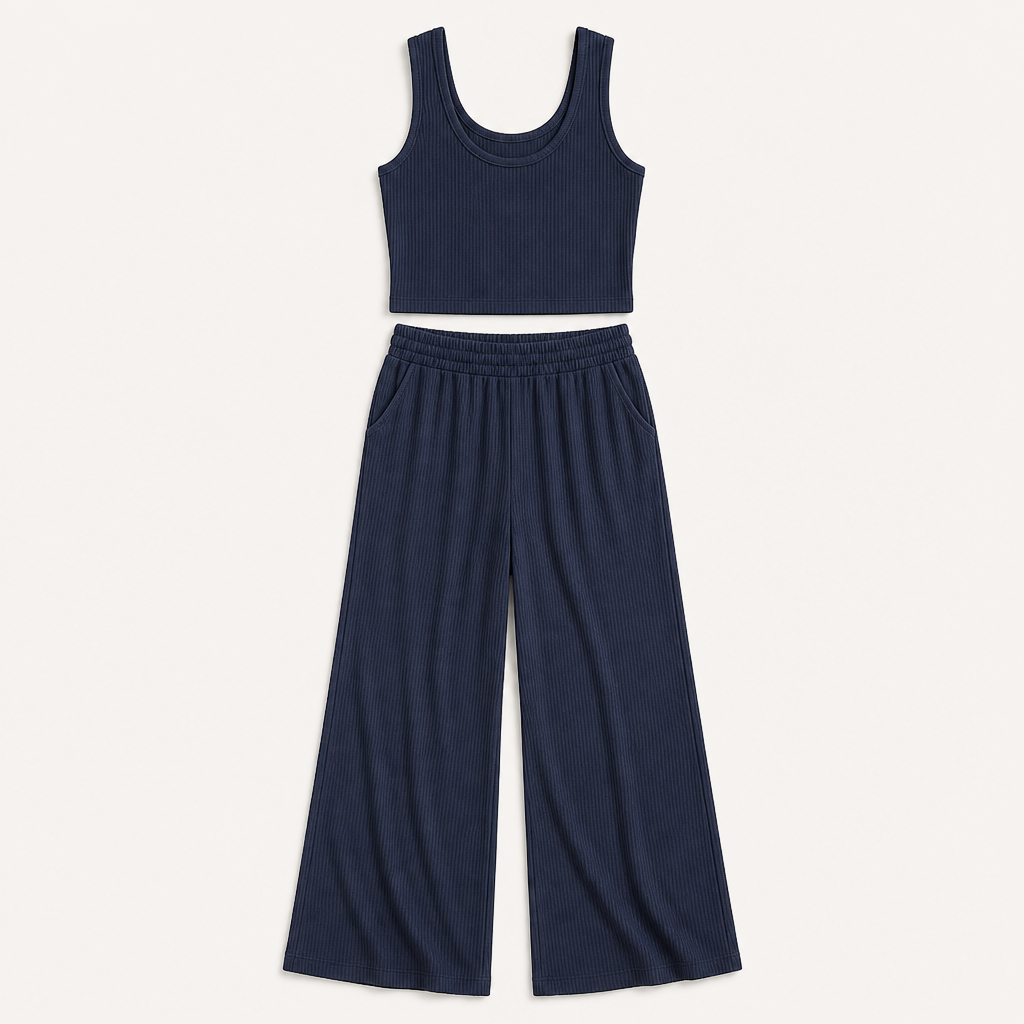 Navy Blue women ribbed tank and wide leg lounge pants set SKU image