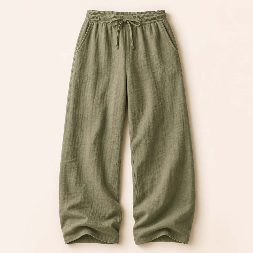 Olive men linen-blend drawstring wide leg pants SKU image