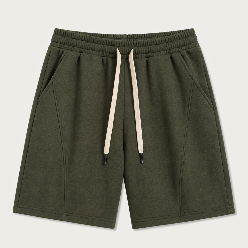 Olive men cotton fleece drawstring sweat shorts SKU image