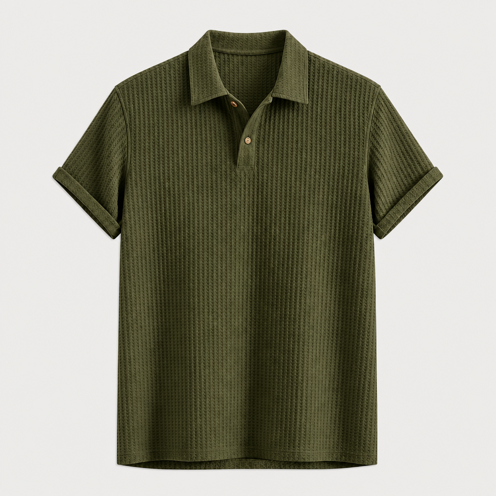 Olive Green men waffle textured short sleeve polo SKU image