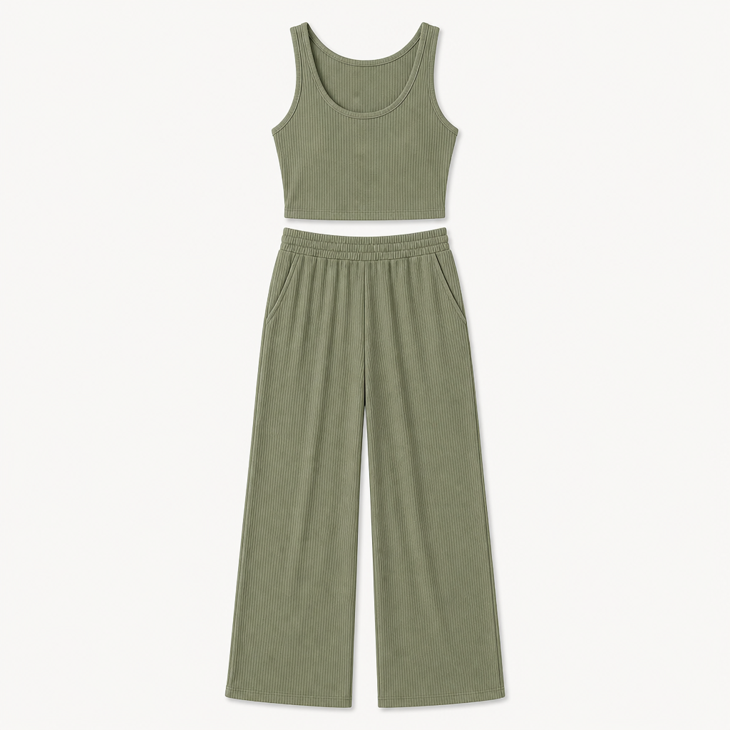 Sage Green women ribbed tank and wide leg lounge pants set SKU image