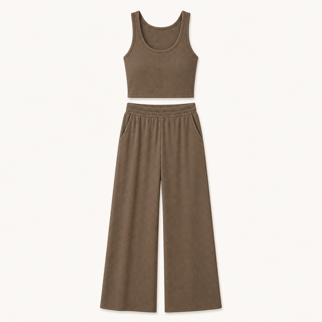 Taupe Brown women ribbed tank and wide leg lounge pants set SKU image
