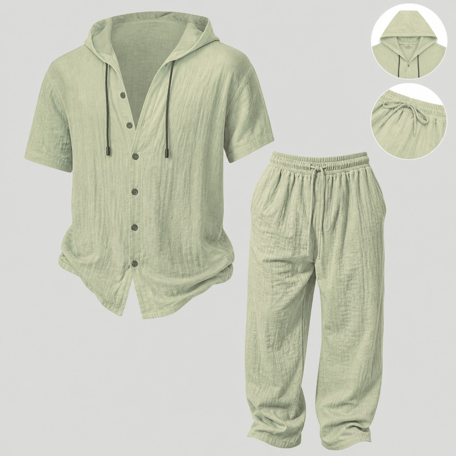 Mens Summer Hooded Sweatshirt Wide Leg Pants Set Mens Simple Casual Hooded Short Sleeve Shirt Button Loose Wide Leg Pants Holiday Relaxed Short Sleeve Two-piece Set Sage 1 Set
