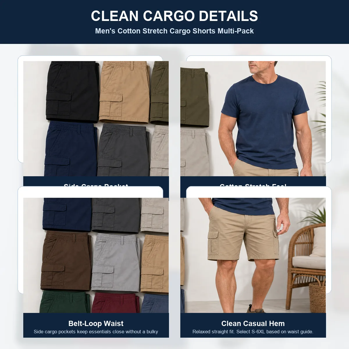 Men's Cotton Stretch Cargo Shorts Multi-Pack detail photo