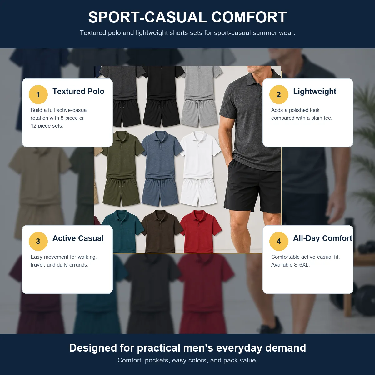 Men's Textured Polo & Lightweight Shorts Athletic Set Multi-Pack feature photo