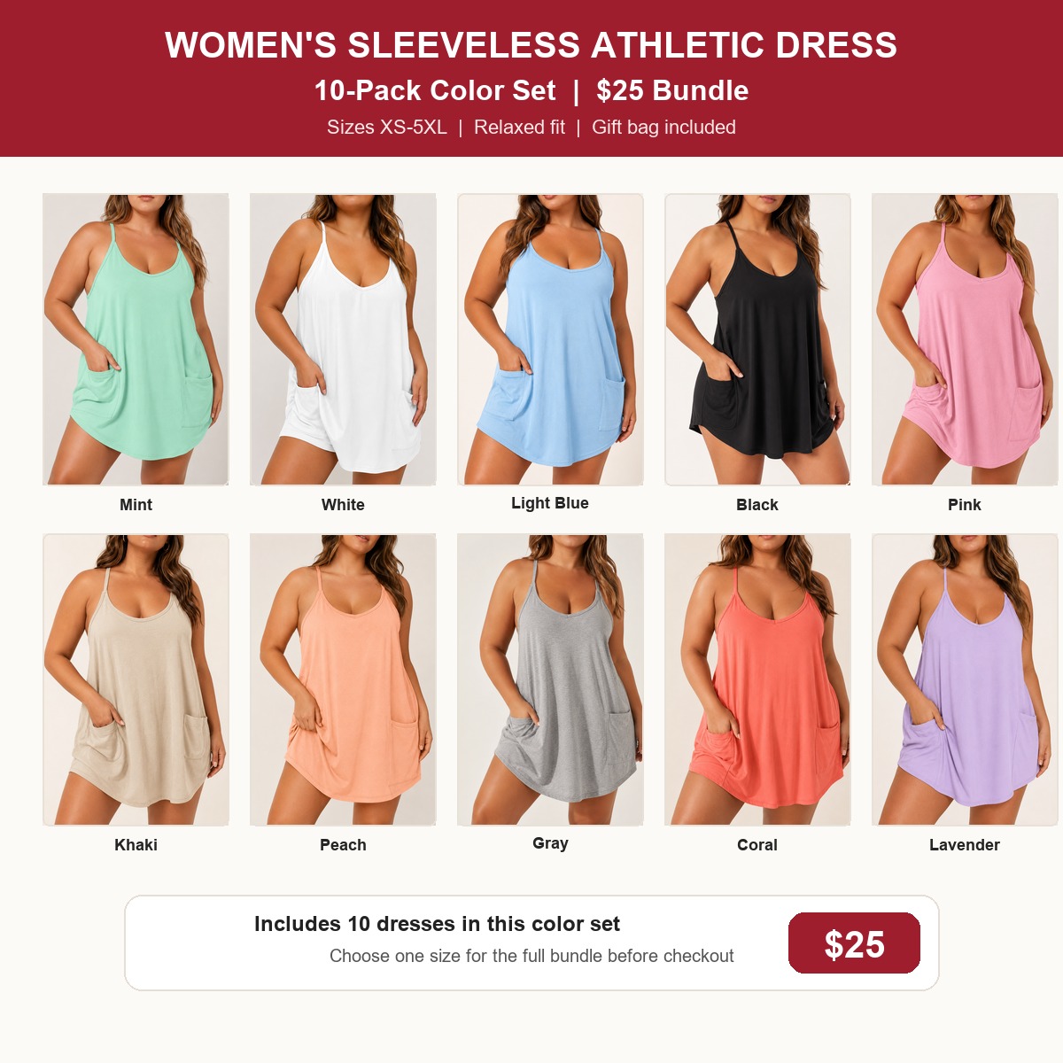 Women's sleeveless athletic dress 10-pack color set - $25 bundle