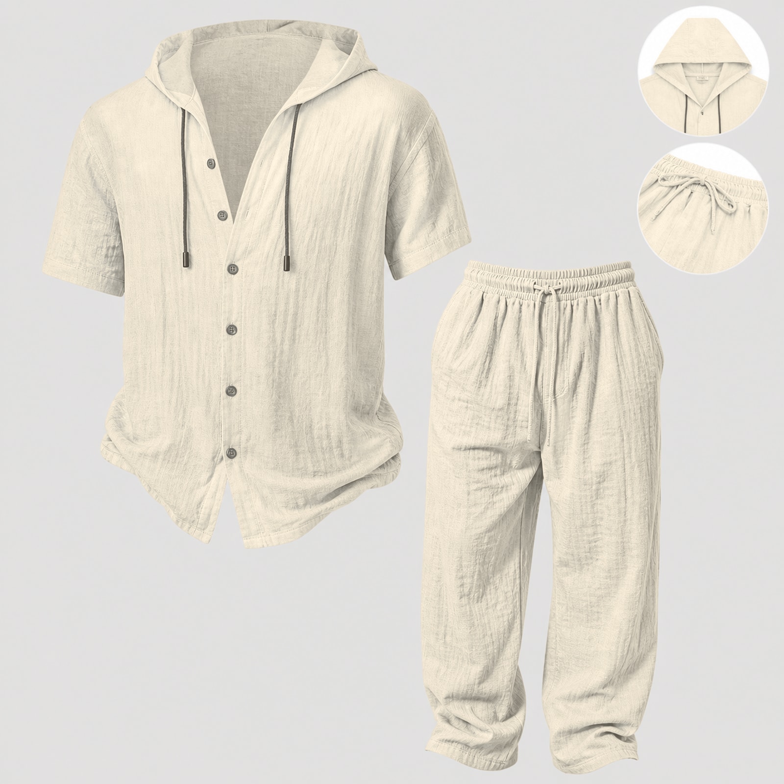 Mens Summer Hooded Sweatshirt Wide Leg Pants Set Mens Simple Casual Hooded Short Sleeve Shirt Button Loose Wide Leg Pants Holiday Relaxed Short Sleeve Two-piece Set White 1 Set