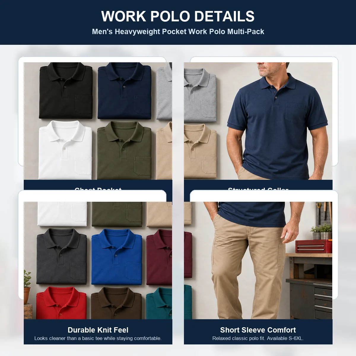 Men's Heavyweight Pocket Work Polo Multi-Pack detail photo