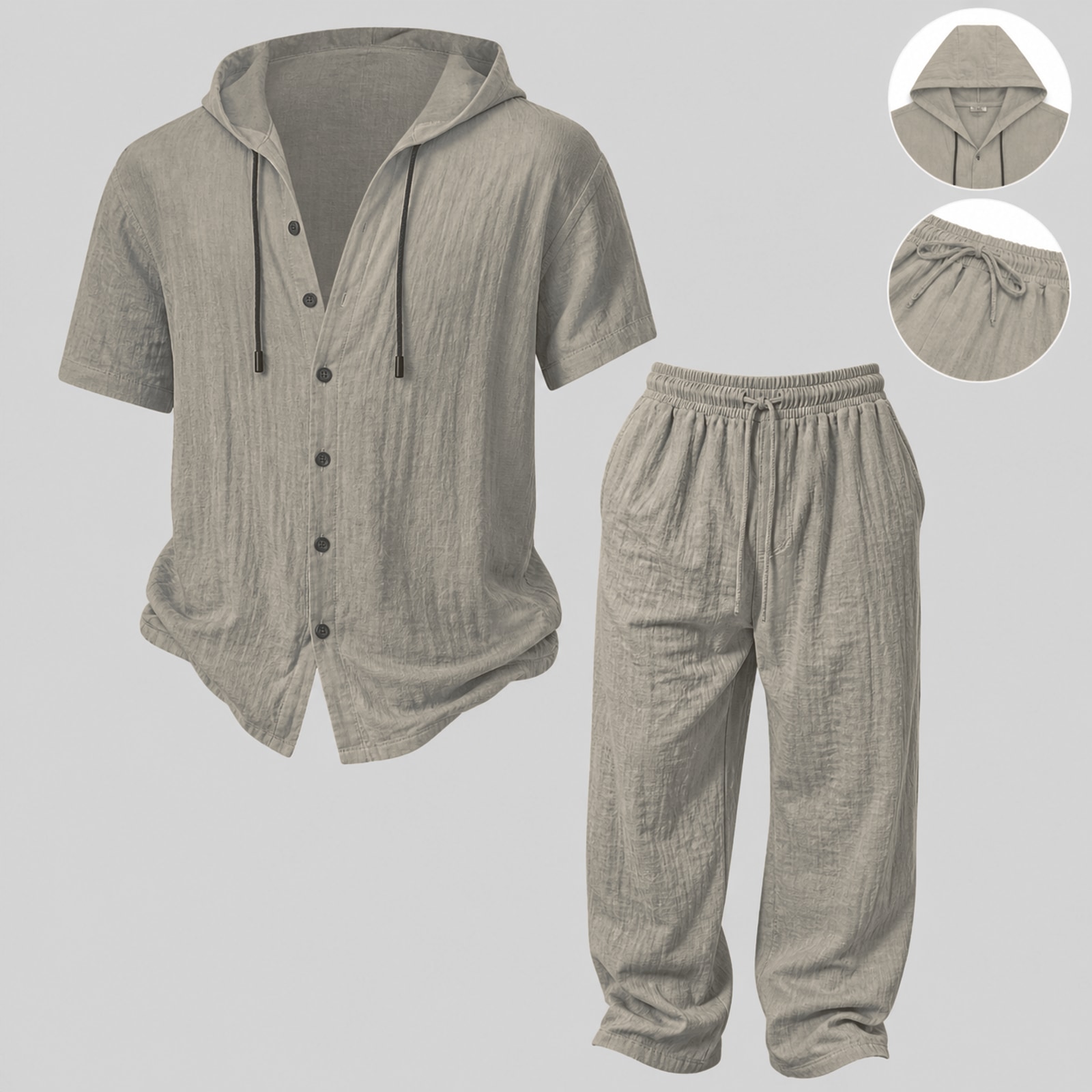 Mens Summer Hooded Sweatshirt Wide Leg Pants Set Mens Simple Casual Hooded Short Sleeve Shirt Button Loose Wide Leg Pants Holiday Relaxed Short Sleeve Two-piece Set Gray 1 Set