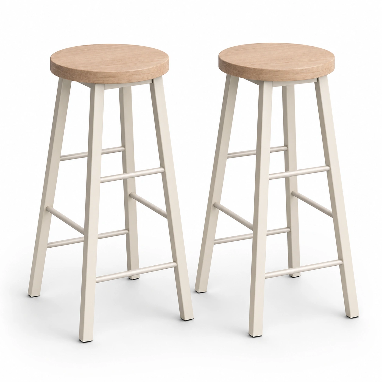 Juego de dos taburetes de bar con asiento redondo color marfil y acabado madera