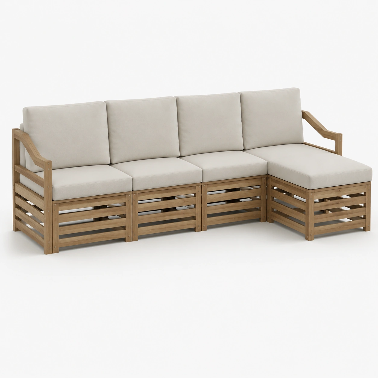 Sofa exterior en forma de L de madera color beige claro