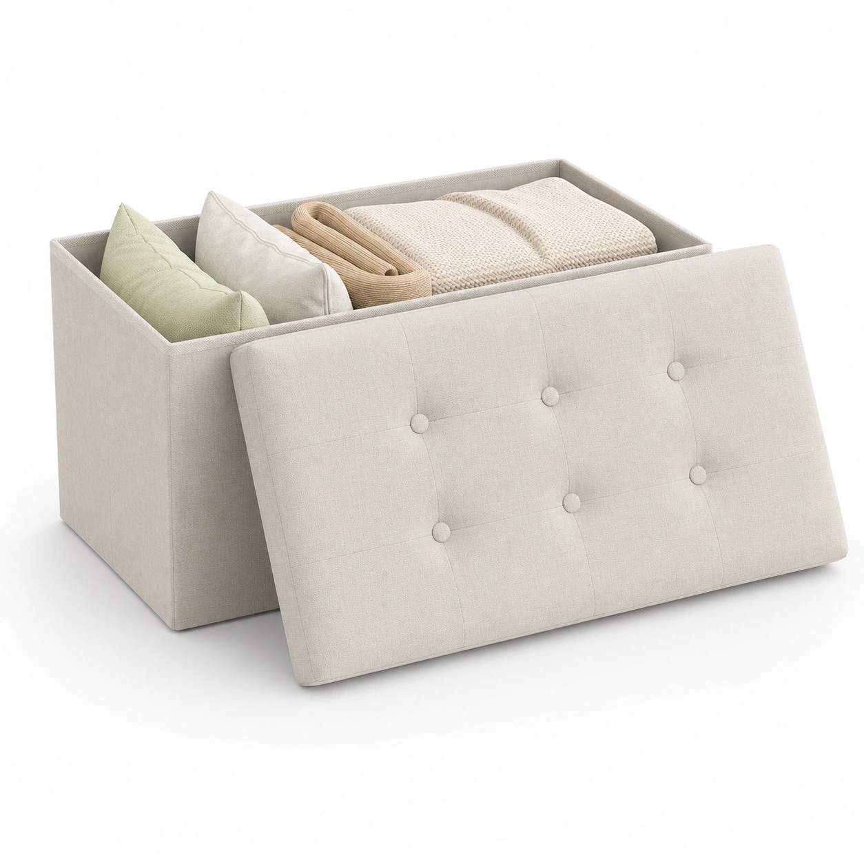 Baul tapizado beige con almacenaje