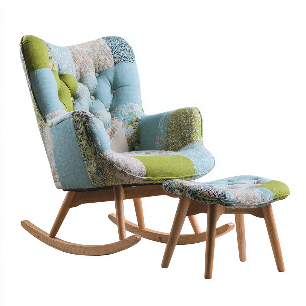 Sedia a dondolo con poggiapiedi in tessuto patchwork 76x70x98 cm blu-verde-beige-marrone - design rétro per soggiorno-Fazorastudio