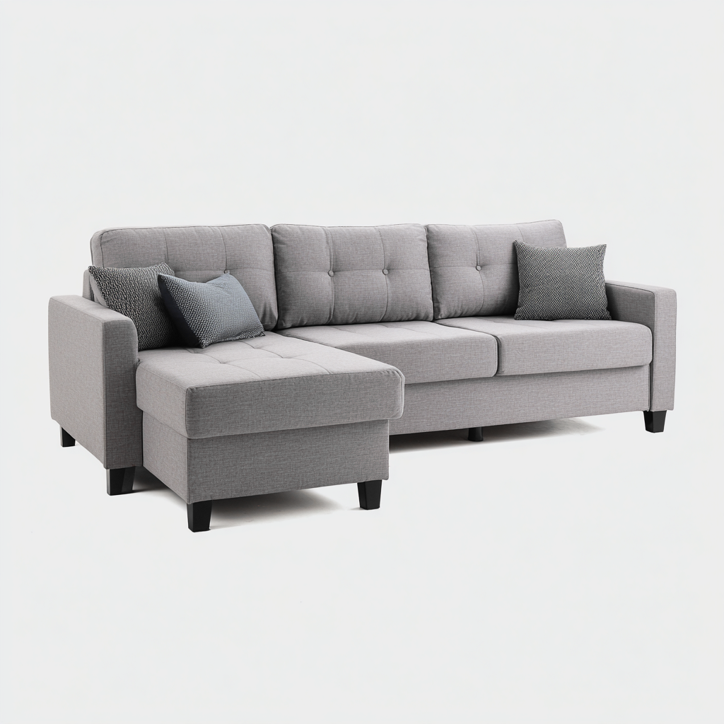Divano angolare in tessuto 225x150x84 cm per soggiorno - grigio chiaro - stile moderno con chaise longue-Fazorastudio