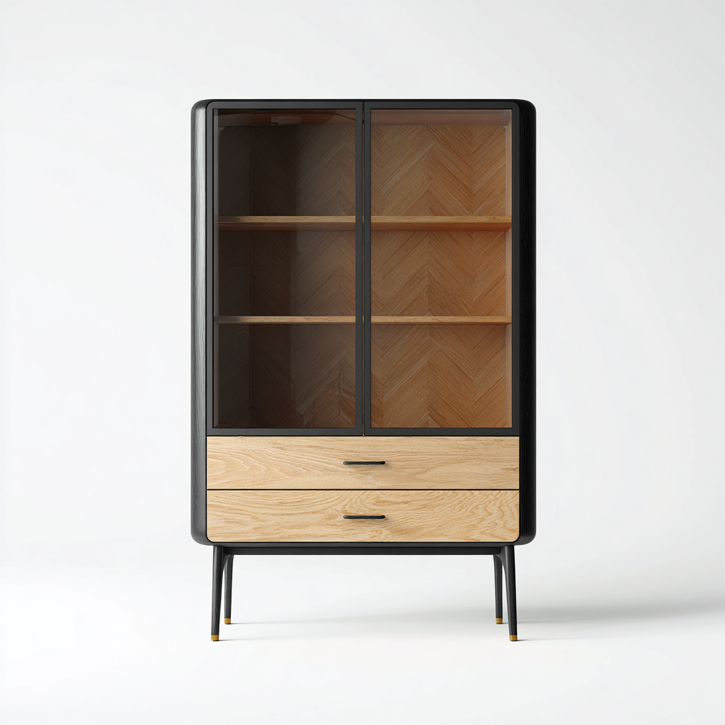 Vetrina in legno rovere chiaro e nero con vetro 98x40x182 cm - con spazio contenitore adatta per cucina - stile contemporaneo-Fazorastudio