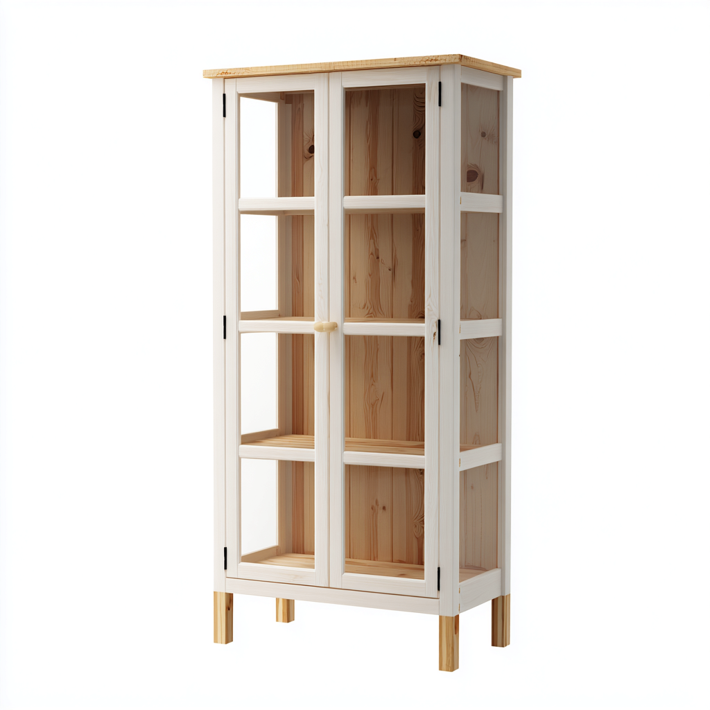 Vetrina in legno bianco-legno naturale e vetro 82x40x182 cm - ante in vetro adatta per cucina - stile nordico-Fazorastudio