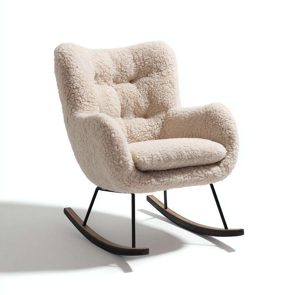 Sedia a dondolo in tessuto effetto bouclé 77x90x103 cm - crema-nero-legno naturale - stile rétro per soggiorno-Fazorastudio