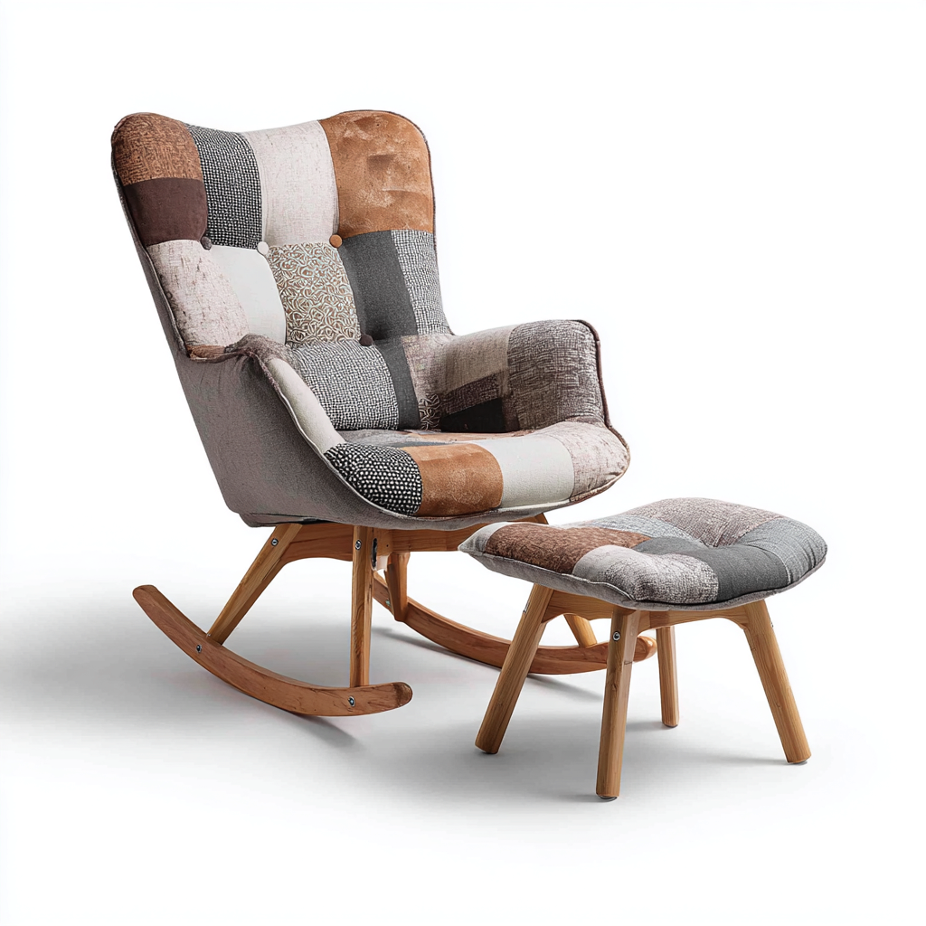 Sedia a dondolo con poggiapiedi in tessuto patchwork 75x70x98 cm marrone-grigio-beige - design rétro per soggiorno-Fazorastudio