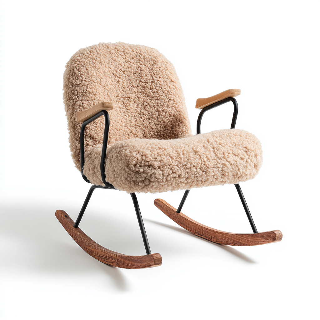 Sedia a dondolo in tessuto effetto bouclé 70x85x88 cm - beige-nero-legno naturale - stile rétro per soggiorno-Fazorastudio