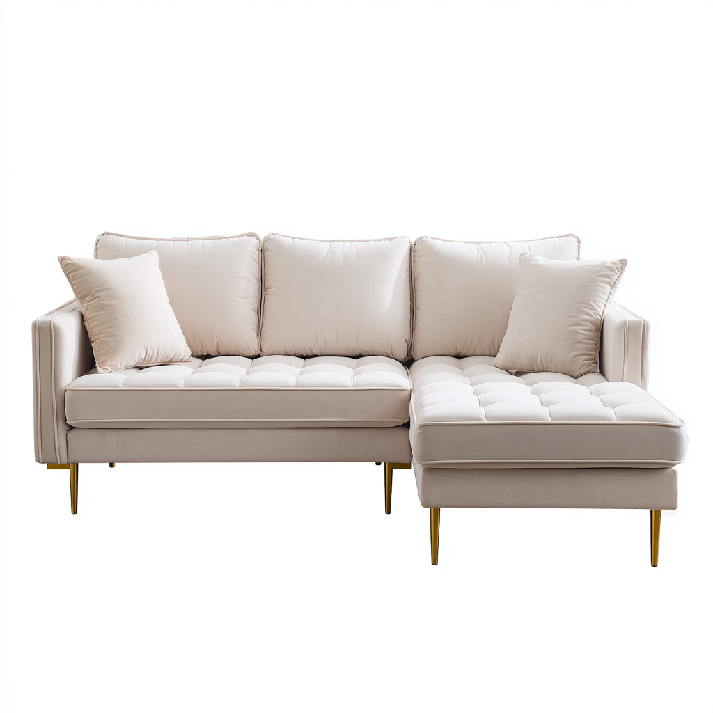 Divano angolare in velluto 230x150x85 cm per soggiorno - crema-oro - stile moderno con chaise longue-Fazorastudio
